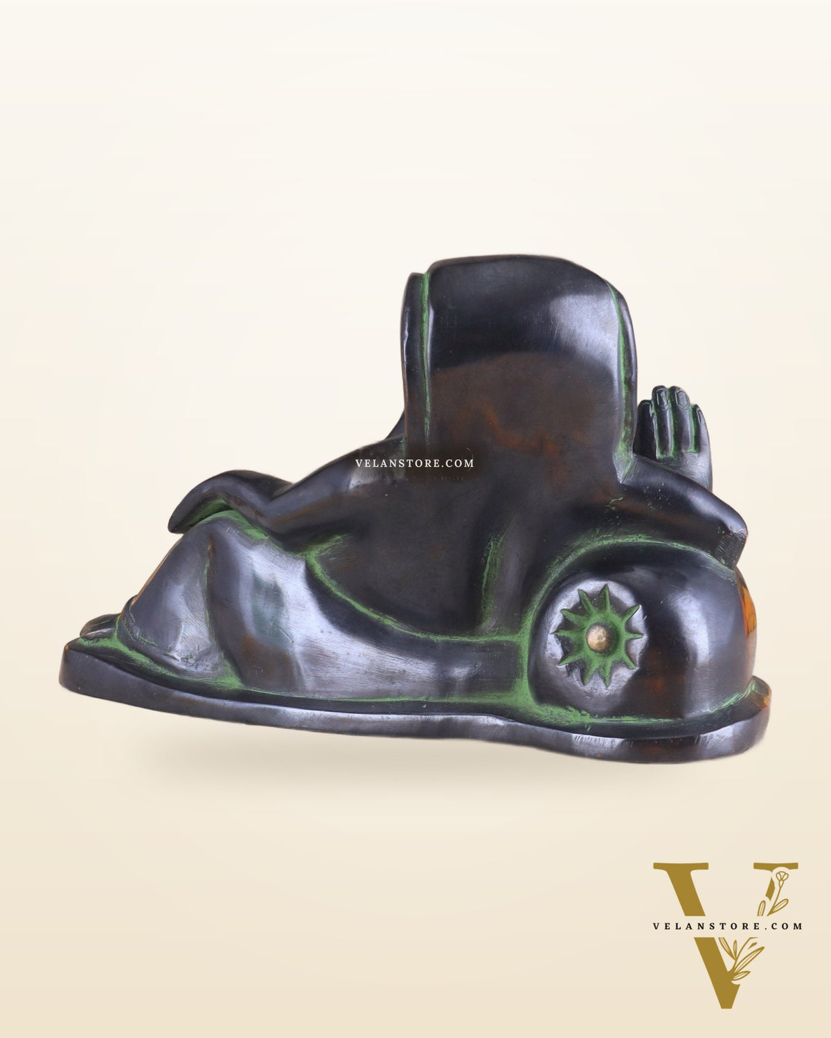 Pure Brass Handcrafted Modern Ganesha Statue in Resting Posture Vintage Black and Green Tone 11 inch