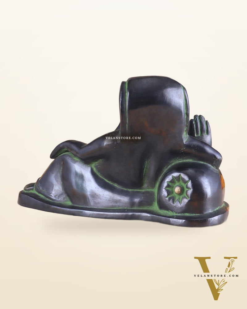 Pure Brass Handcrafted Modern Ganesha Statue in Resting Posture Vintage Black and Green Tone 11 inch