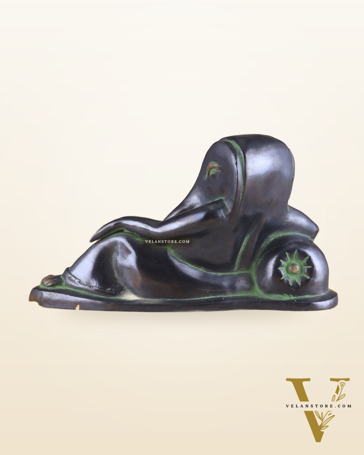 Pure Brass Handcrafted Modern Ganesha Statue in Resting Posture Vintage Black and Green Tone 11 inch