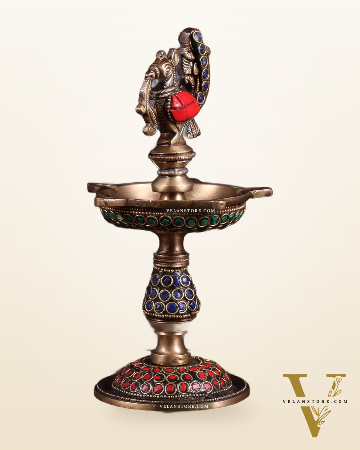 Pure Brass Handcrafted Superfine Peacock Samai Panchdeepam with Meenakari Stonework 8"