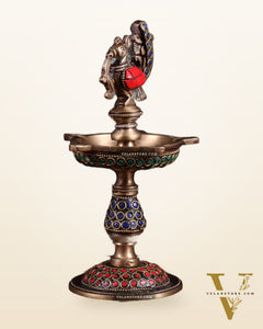 Pure Brass Handcrafted Superfine Peacock Samai Panchdeepam with Meenakari Stonework 8"