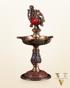 Pure Brass Handcrafted Superfine Peacock Samai Panchdeepam with Meenakari Stonework 8"