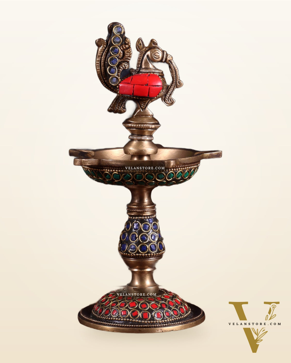 Pure Brass Handcrafted Superfine Peacock Samai Panchdeepam with Meenakari Stonework 8"