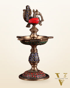 Pure Brass Handcrafted Superfine Peacock Samai Panchdeepam with Meenakari Stonework 8"