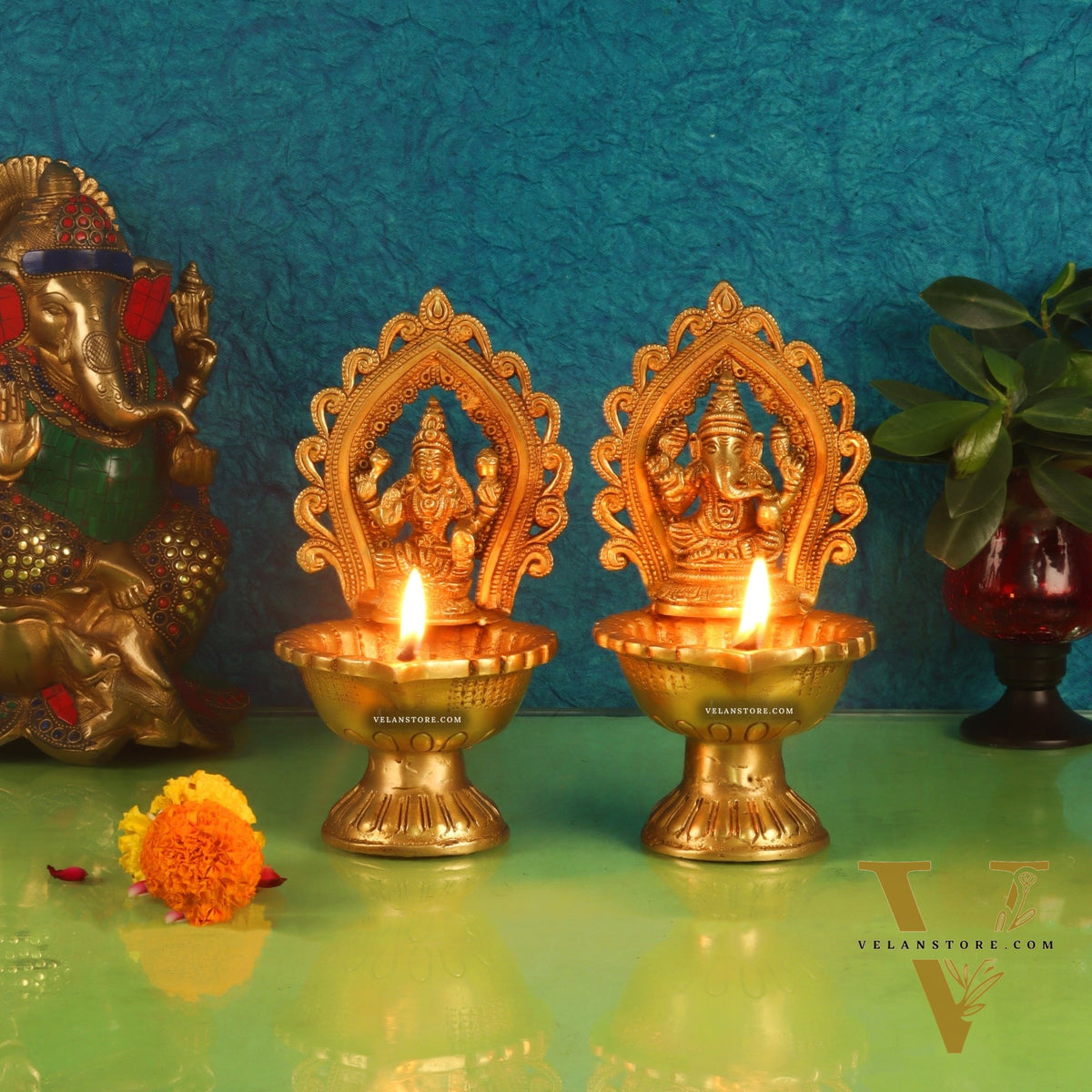 Pure Brass Handmade Ganesha and Lakshmi Oil Lamps Pair 8.5"