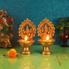 Pure Brass Handmade Ganesha and Lakshmi Oil Lamps Pair 8.5"