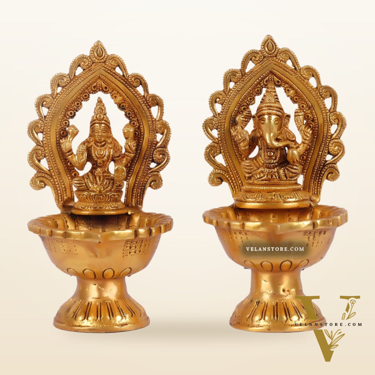 Pure Brass Handmade Ganesha and Lakshmi Oil Lamps Pair 8.5"