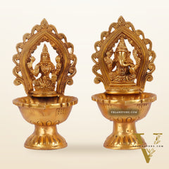 Pure Brass Handmade Ganesha and Lakshmi Oil Lamps Pair 8.5"