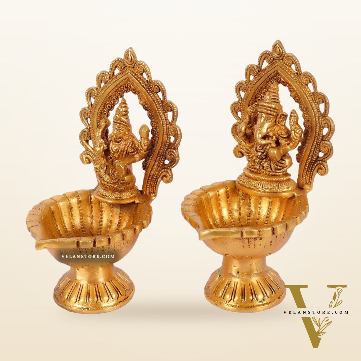 Pure Brass Handmade Ganesha and Lakshmi Oil Lamps Pair 8.5"