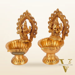 Pure Brass Handmade Ganesha and Lakshmi Oil Lamps Pair 8.5"