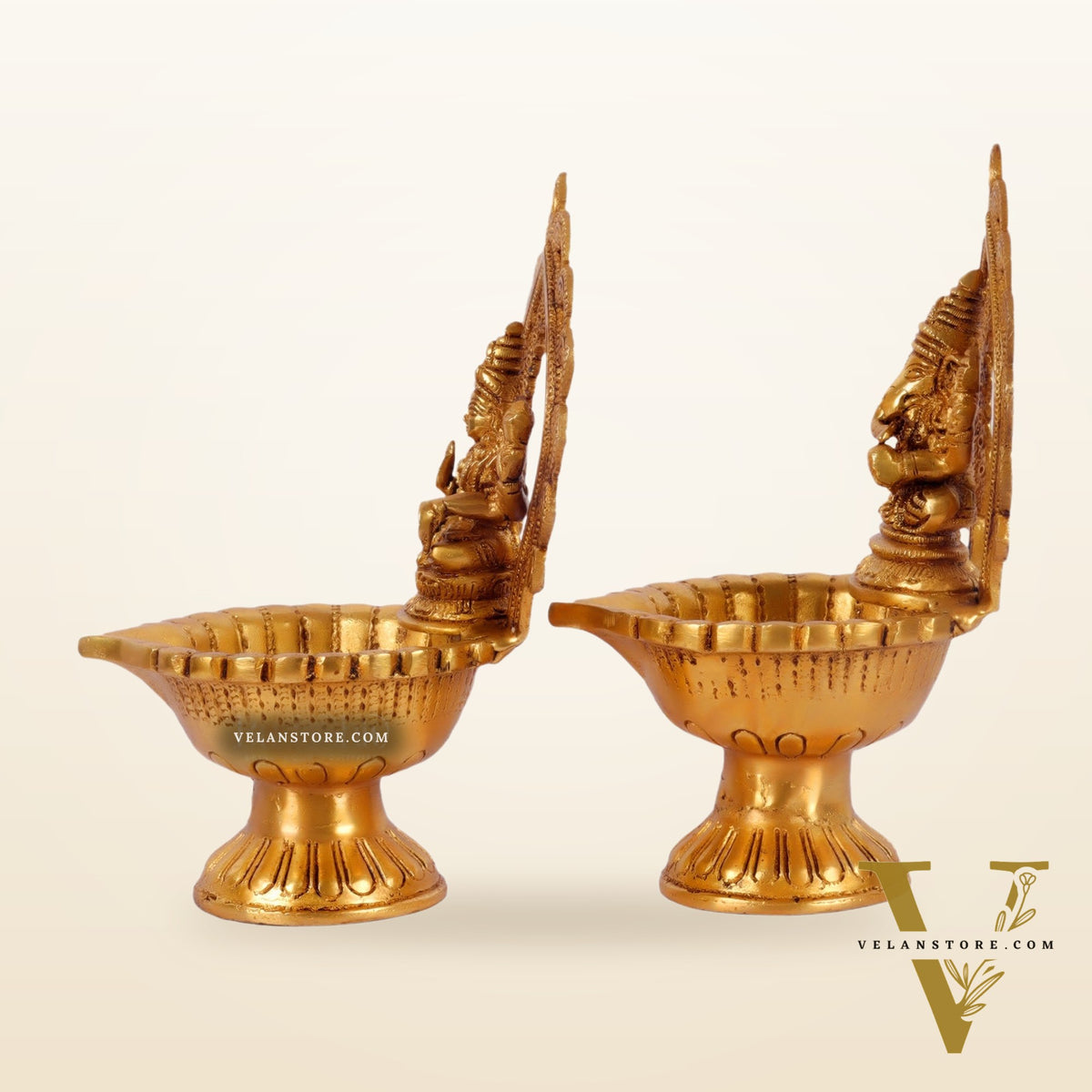 Pure Brass Handmade Ganesha and Lakshmi Oil Lamps Pair 8.5"