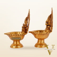 Pure Brass Handmade Ganesha and Lakshmi Oil Lamps Pair 8.5"