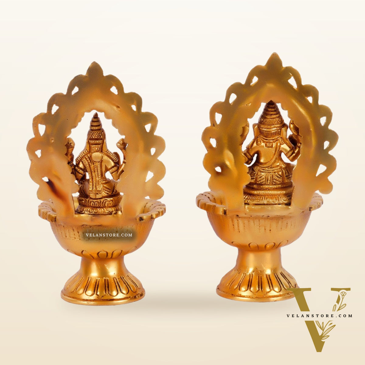 Pure Brass Handmade Ganesha and Lakshmi Oil Lamps Pair 8.5"