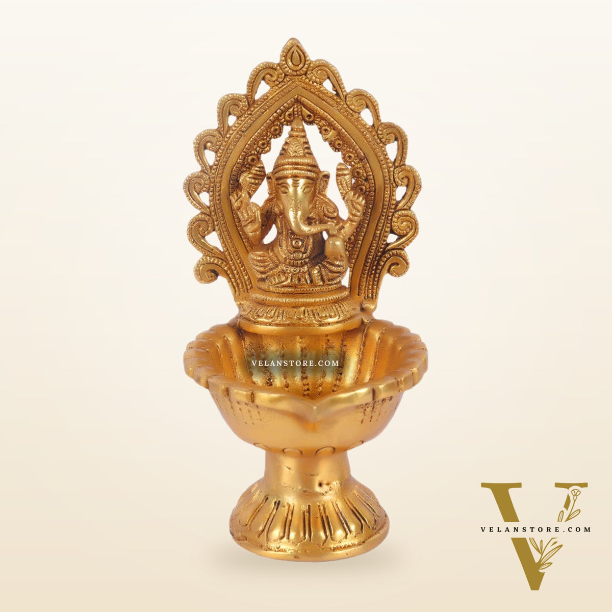 Pure Brass Handmade Ganesha and Lakshmi Oil Lamps Pair 8.5"