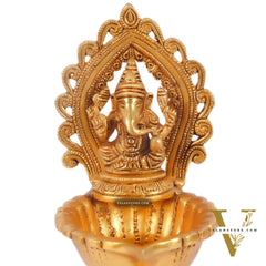 Pure Brass Handmade Ganesha and Lakshmi Oil Lamps Pair 8.5"