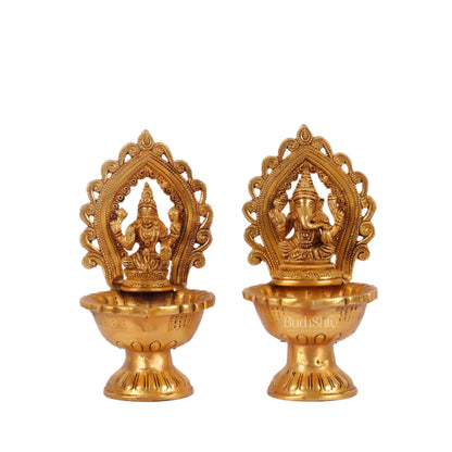 Pure Brass Handmade Ganesha and Lakshmi Oil Lamps Pair 8.5"