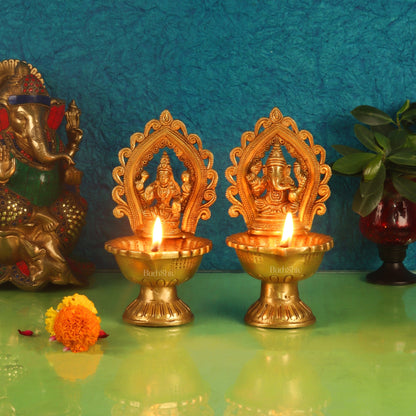 Pure Brass Handmade Ganesha and Lakshmi Oil Lamps Pair 8.5"