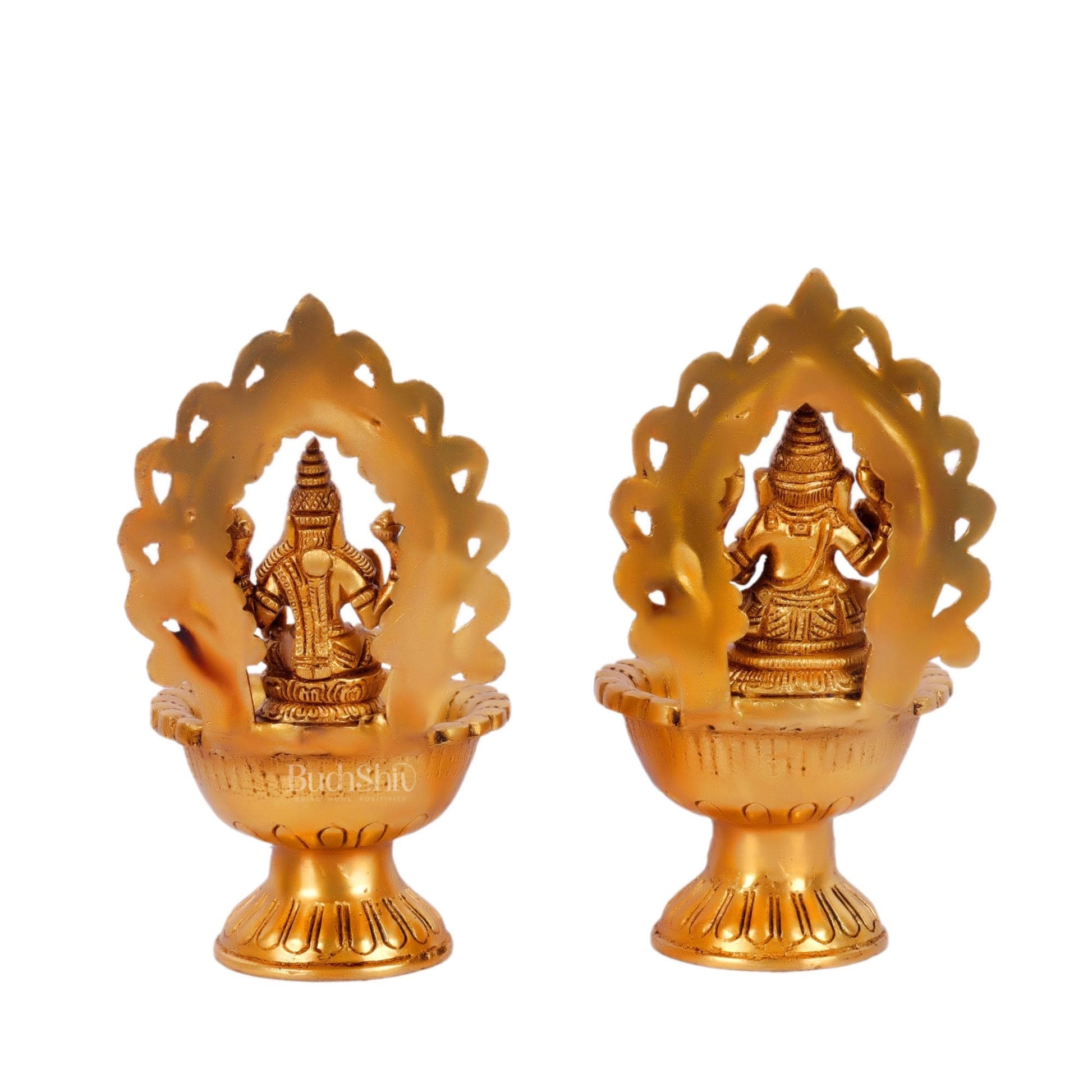 Pure Brass Handmade Ganesha and Lakshmi Oil Lamps Pair 8.5"