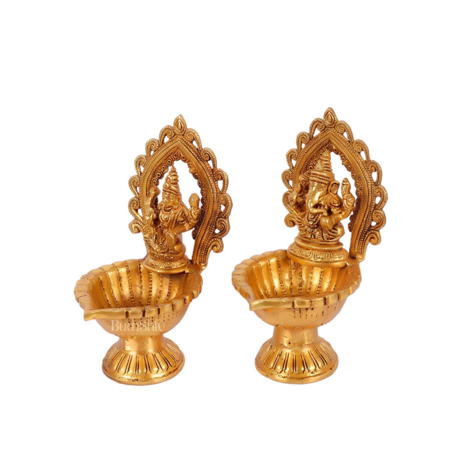 Pure Brass Handmade Ganesha and Lakshmi Oil Lamps Pair 8.5"