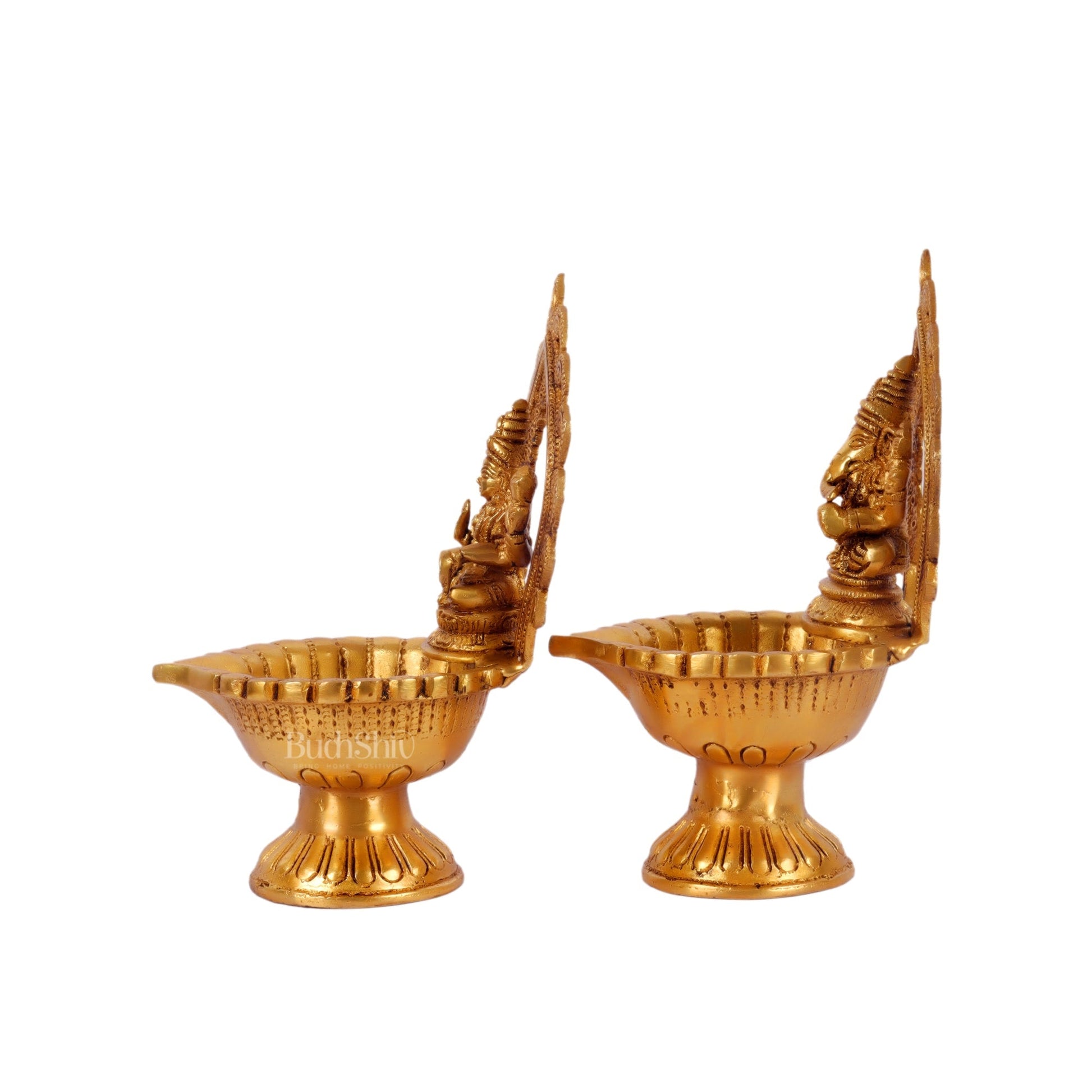 Pure Brass Handmade Ganesha and Lakshmi Oil Lamps Pair 8.5"