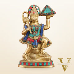 Pure Brass Hanuman Carrying Sanjeevani Mountain with Stonework | 9 Inch Height
