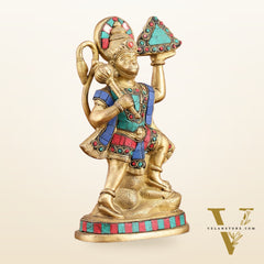 Pure Brass Hanuman Carrying Sanjeevani Mountain with Stonework | 9 Inch Height