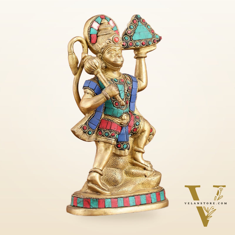 Pure Brass Hanuman Carrying Sanjeevani Mountain with Stonework | 9 Inch Height