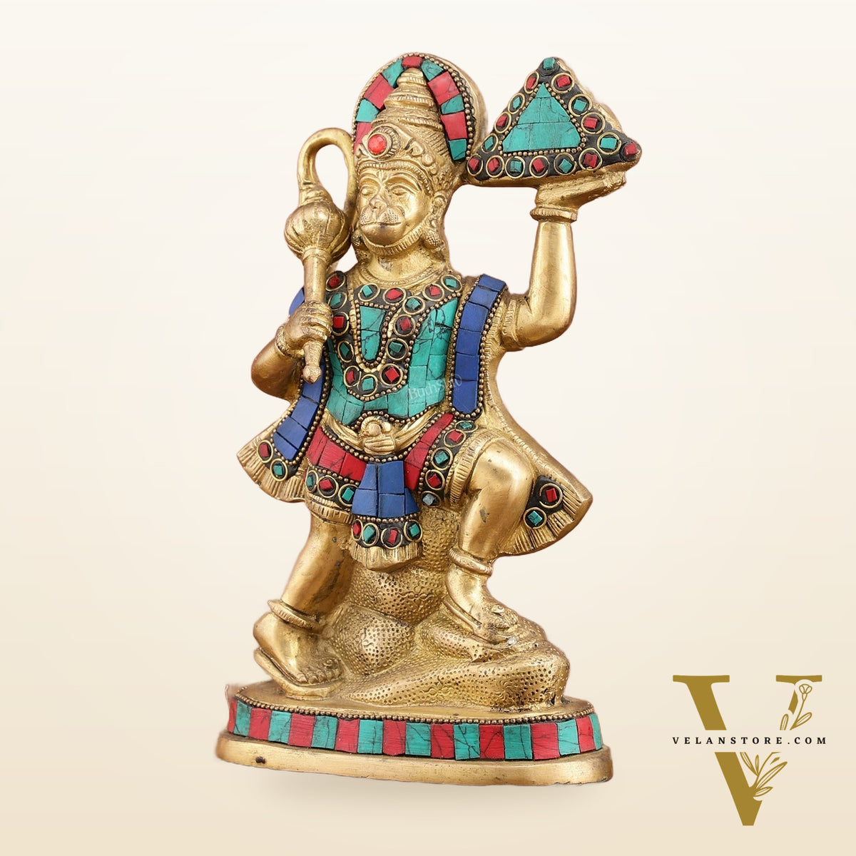 Pure Brass Hanuman Carrying Sanjeevani Mountain with Stonework | 9 Inch Height