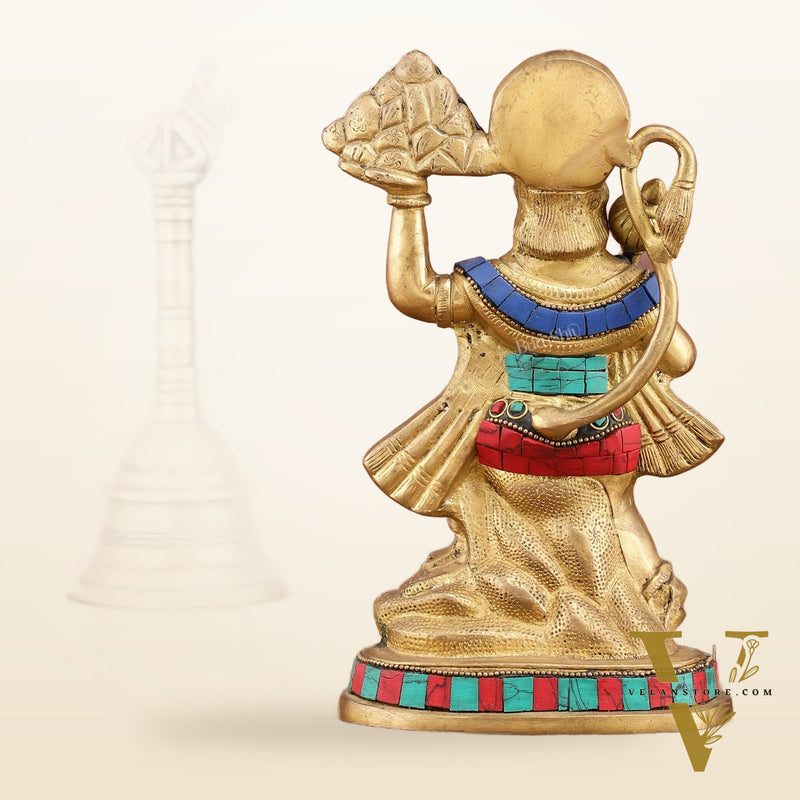 Pure Brass Hanuman Carrying Sanjeevani Mountain with Stonework | 9 Inch Height
