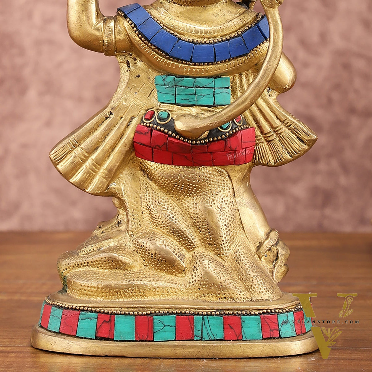 Pure Brass Hanuman Carrying Sanjeevani Mountain with Stonework | 9 Inch Height
