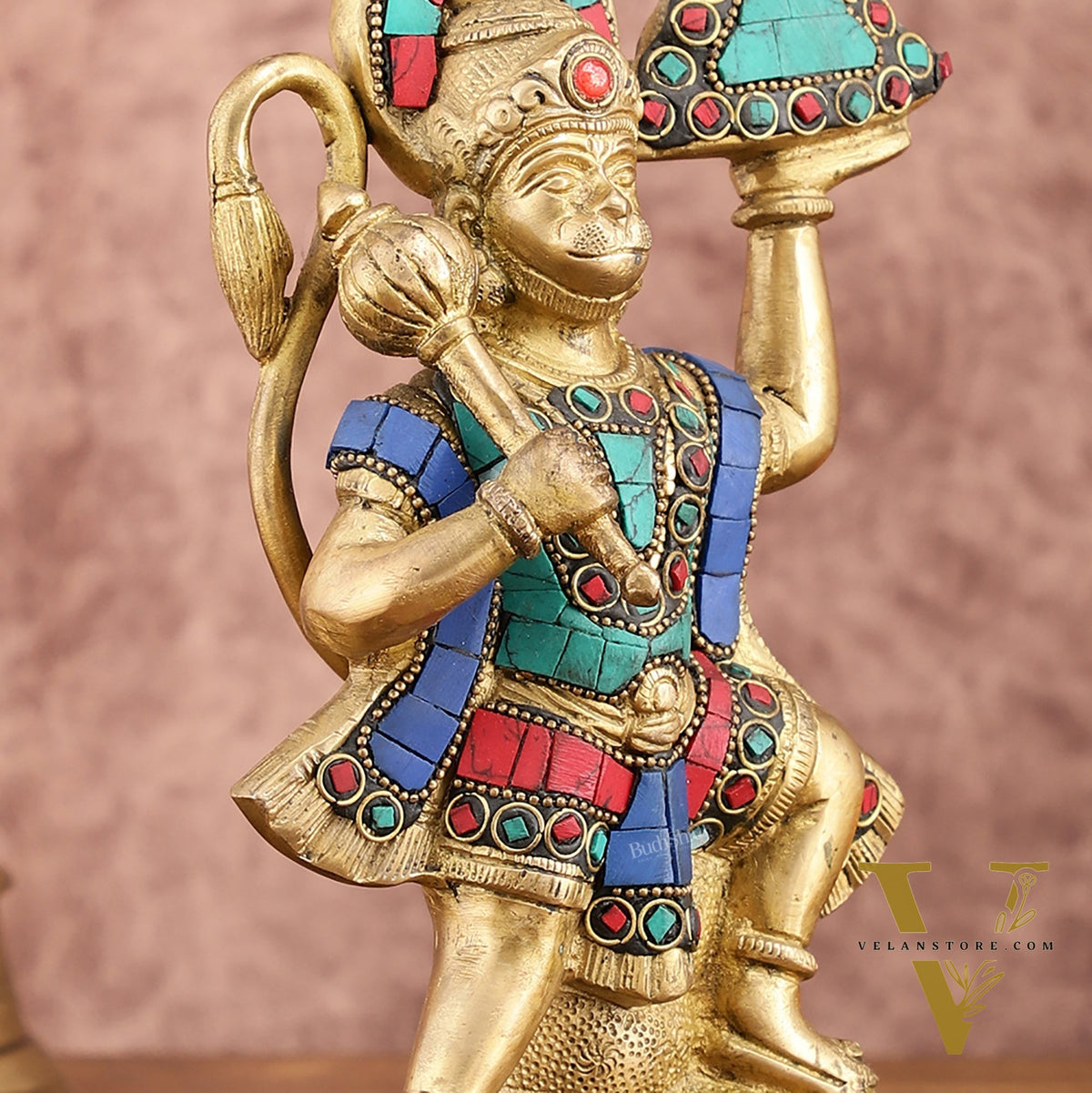Pure Brass Hanuman Carrying Sanjeevani Mountain with Stonework | 9 Inch Height