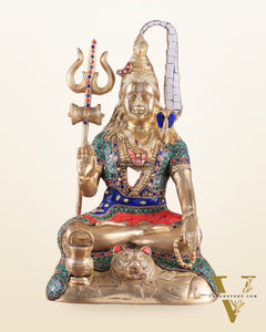 Pure Brass Highly Detailed Lord Shiva Statue | 14 Inch meenakari Stonework