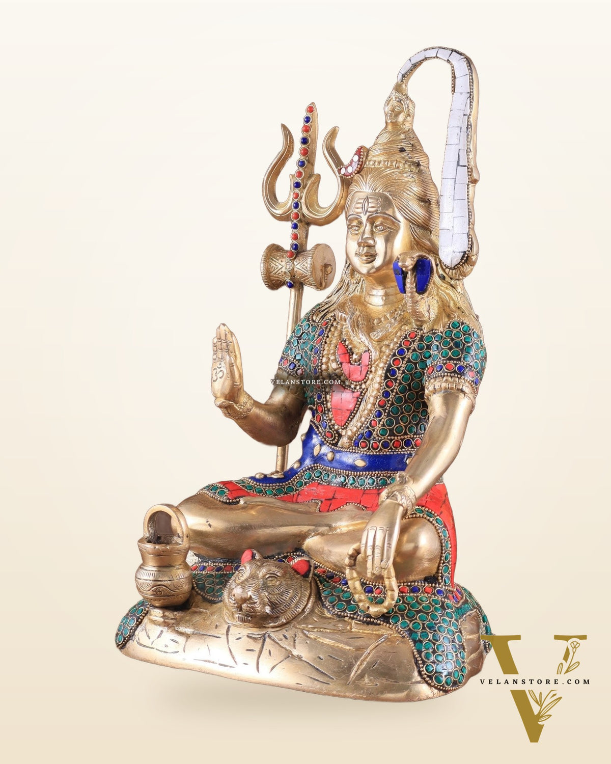 Pure Brass Highly Detailed Lord Shiva Statue | 14 Inch meenakari Stonework