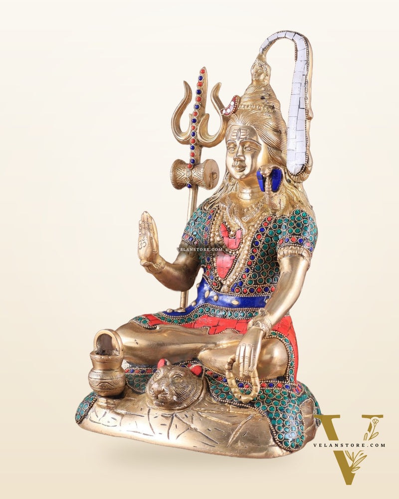 Pure Brass Highly Detailed Lord Shiva Statue | 14 Inch meenakari Stonework