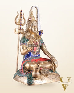 Pure Brass Highly Detailed Lord Shiva Statue | 14 Inch meenakari Stonework