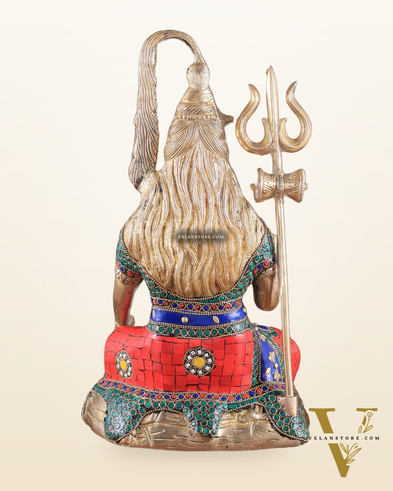 Pure Brass Highly Detailed Lord Shiva Statue | 14 Inch meenakari Stonework