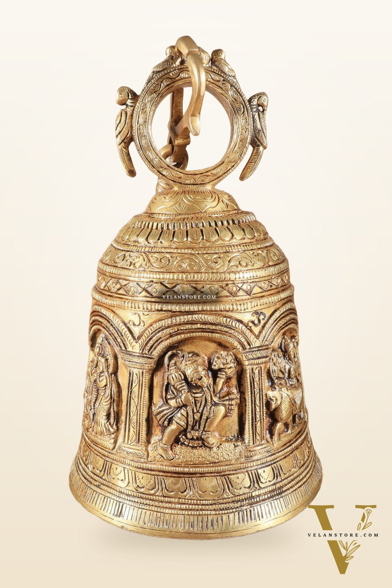 Pure Brass Hindu Gods Engraved Hanging Temple bell with Strong Chain 36"