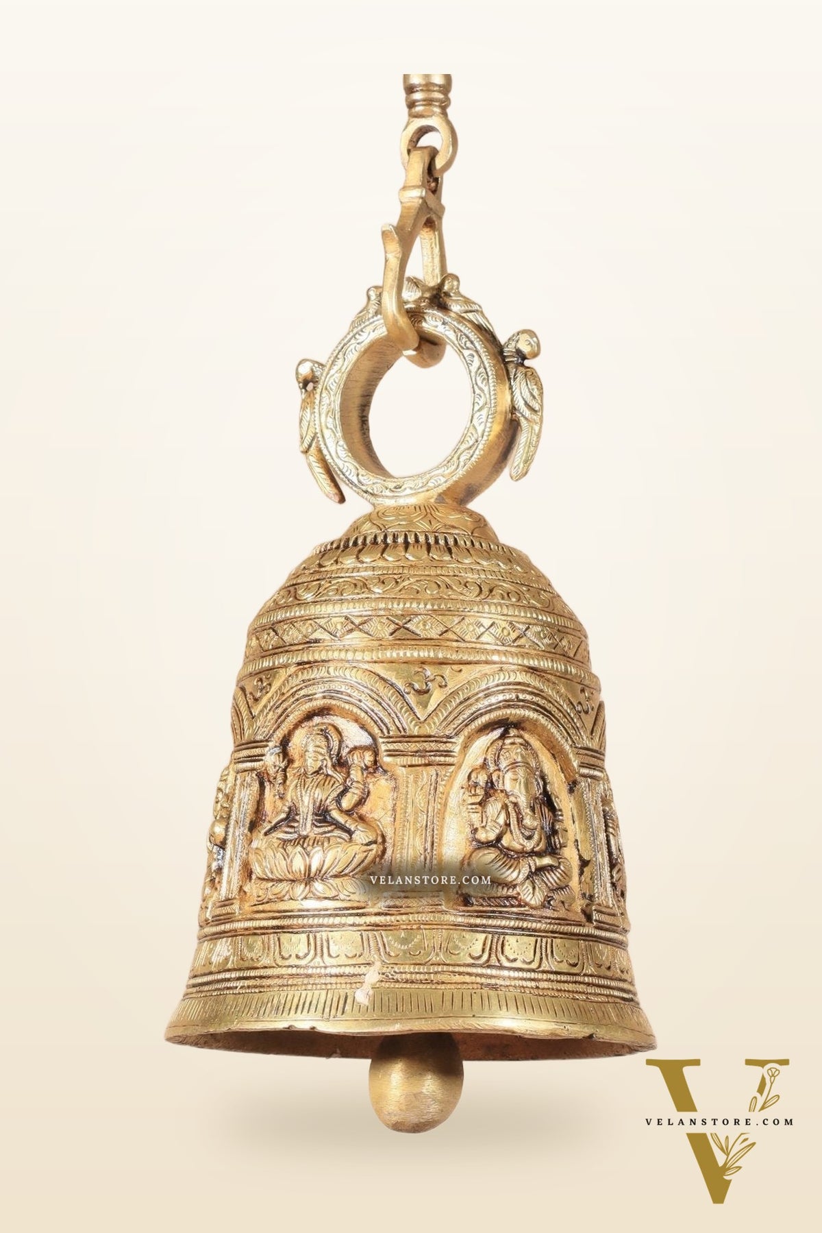 Pure Brass Hindu Gods Engraved Hanging Temple bell with Strong Chain 36"