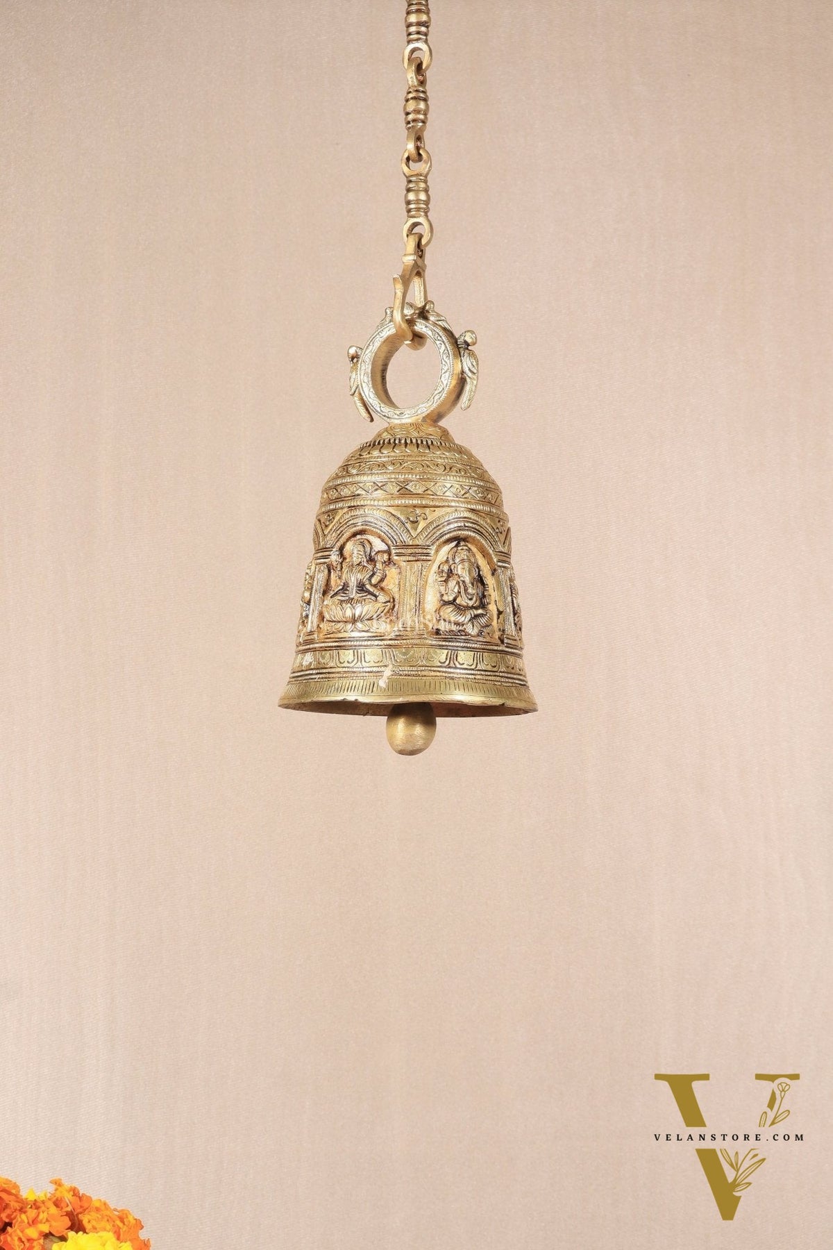 Pure Brass Hindu Gods Engraved Hanging Temple bell with Strong Chain 36"