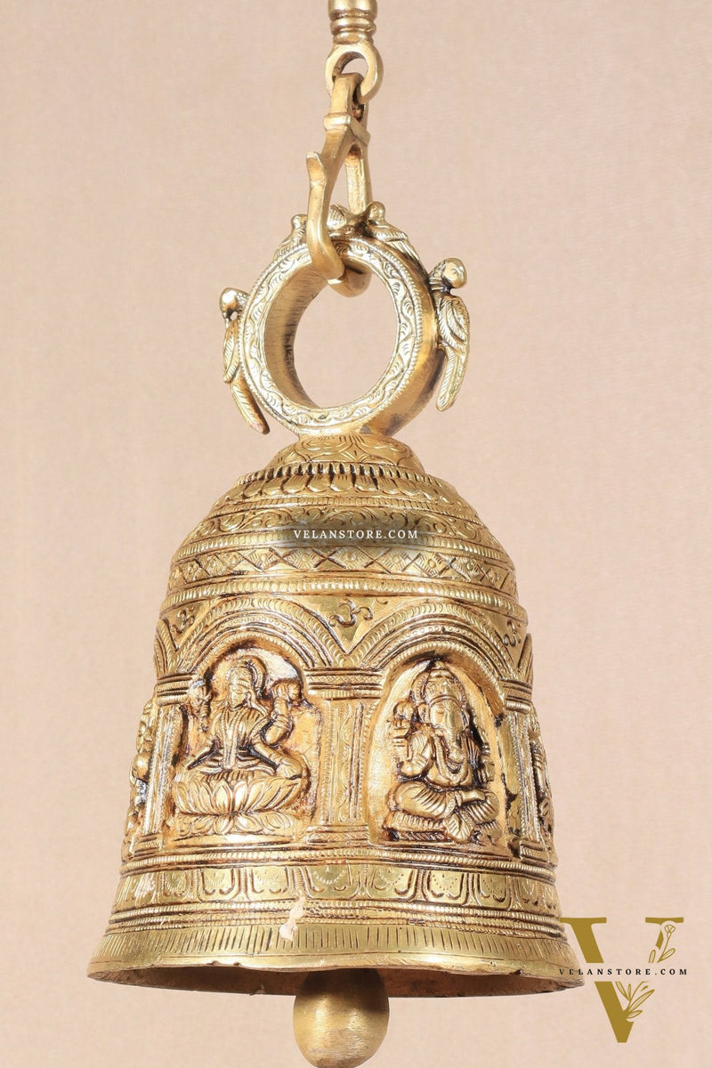 Pure Brass Hindu Gods Engraved Hanging Temple bell with Strong Chain 36"