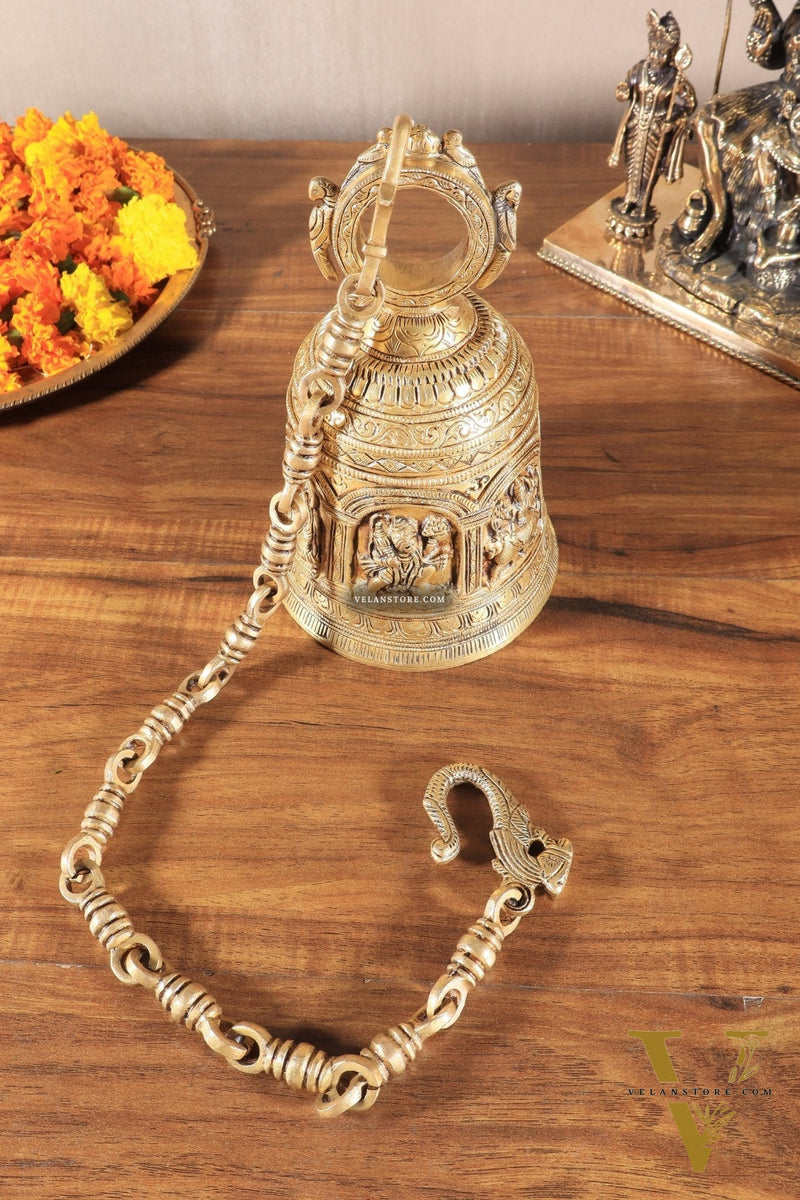 Pure Brass Hindu Gods Engraved Hanging Temple bell with Strong Chain 36"