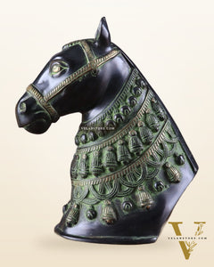 Pure Brass Horse Head Showpiece - Black and Green Antique Tone | 11 Inch