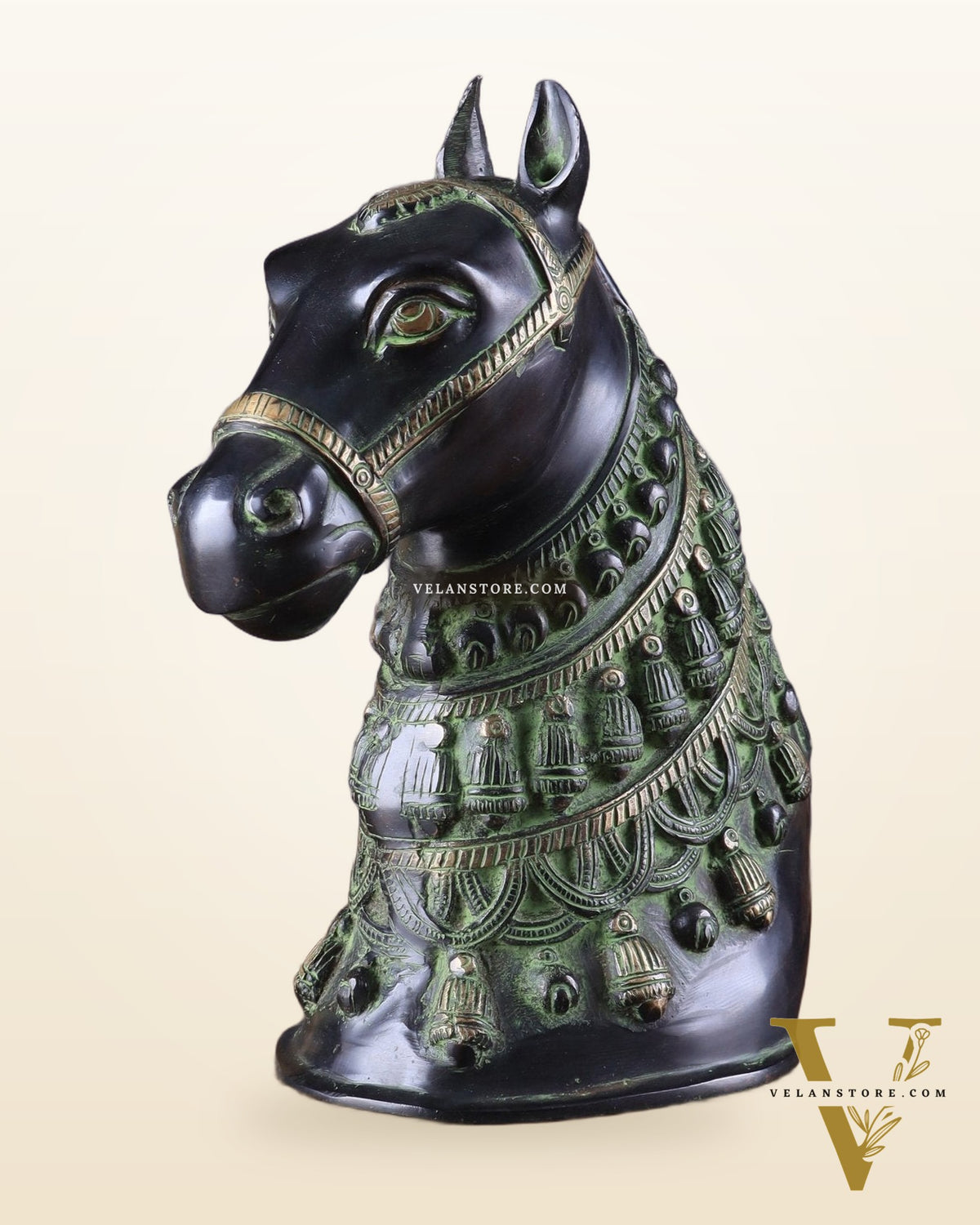 Pure Brass Horse Head Showpiece - Black and Green Antique Tone | 11 Inch