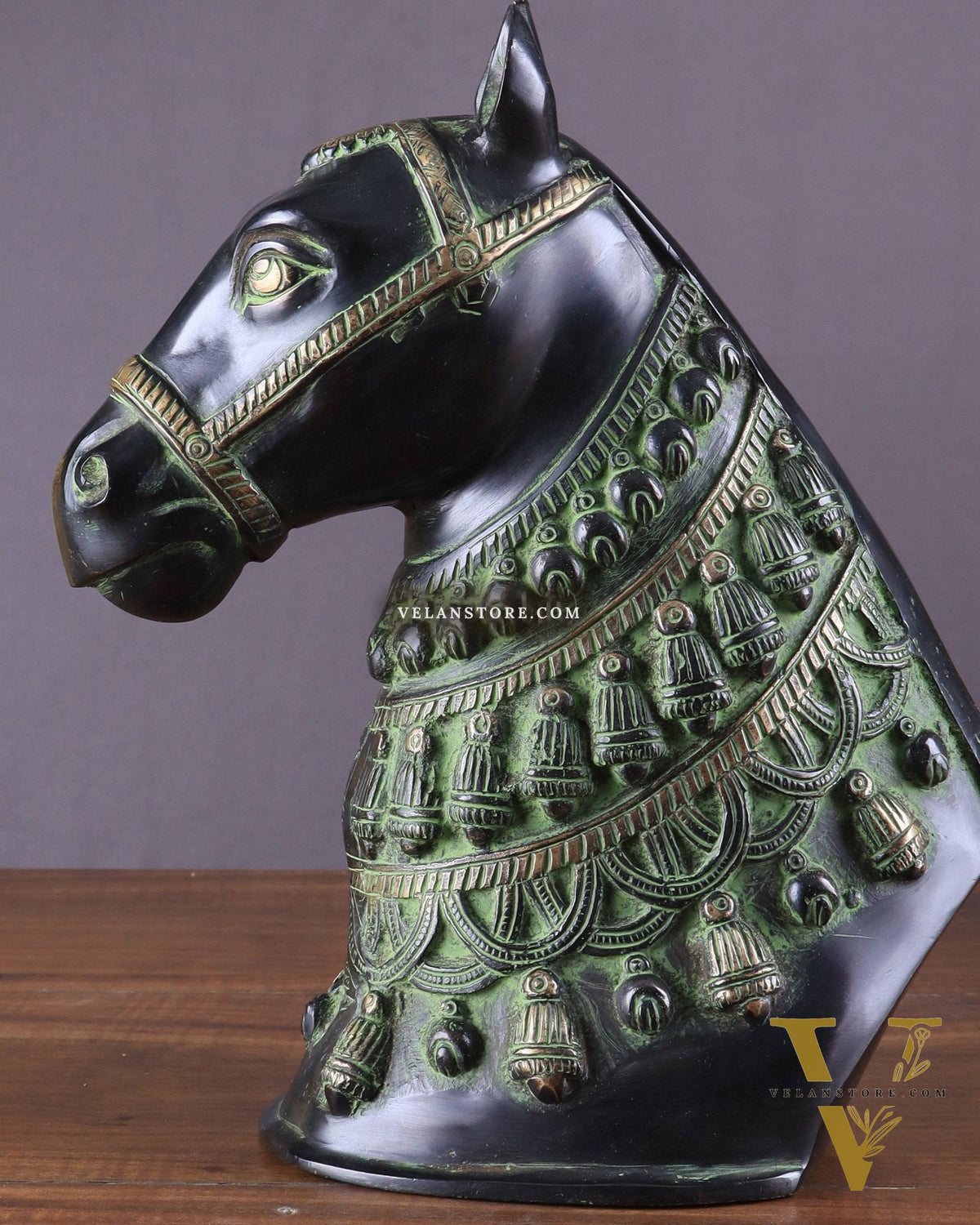 Pure Brass Horse Head Showpiece - Black and Green Antique Tone | 11 Inch