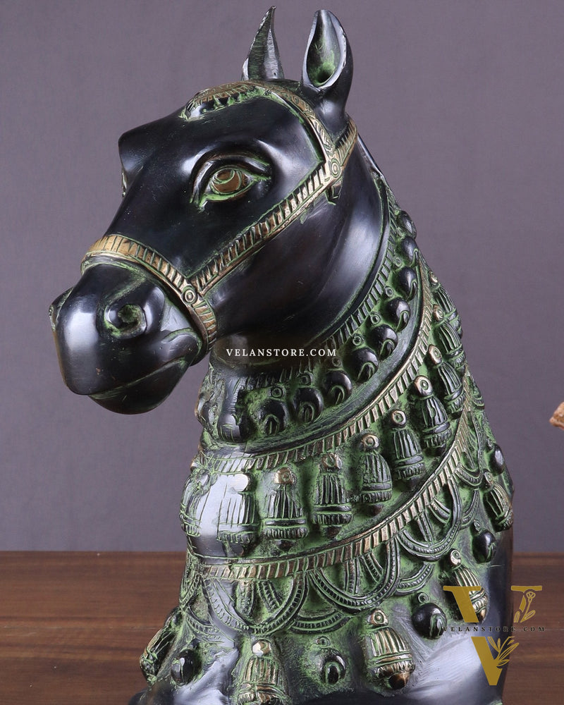 Pure Brass Horse Head Showpiece - Black and Green Antique Tone | 11 Inch