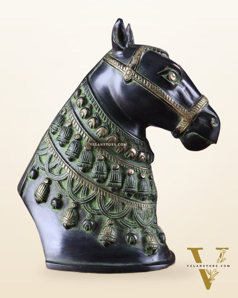 Pure Brass Horse Head Showpiece - Black and Green Antique Tone | 11 Inch