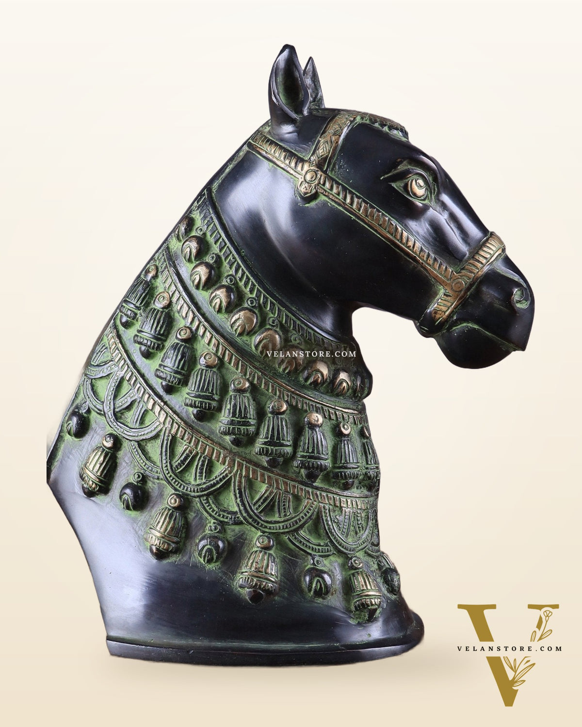 Pure Brass Horse Head Showpiece - Black and Green Antique Tone | 11 Inch