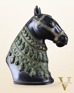 Pure Brass Horse Head Showpiece - Black and Green Antique Tone | 11 Inch