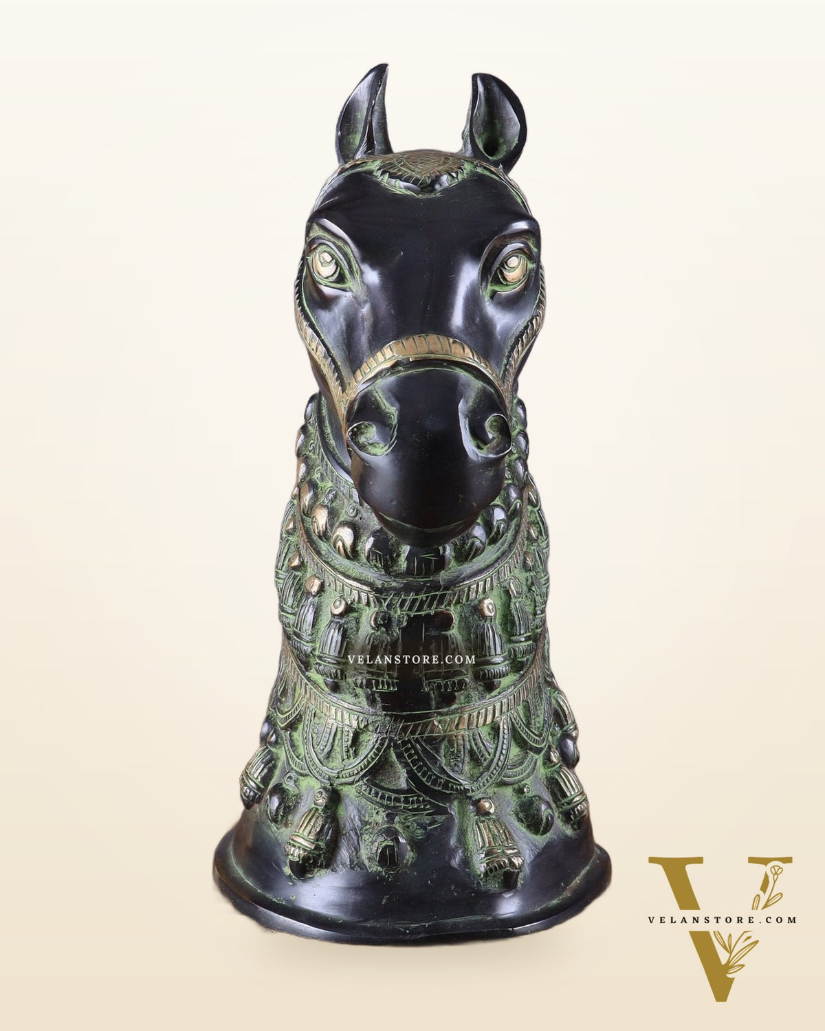 Pure Brass Horse Head Showpiece - Black and Green Antique Tone | 11 Inch