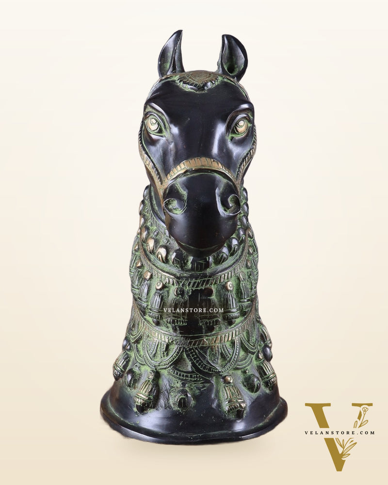 Pure Brass Horse Head Showpiece - Black and Green Antique Tone | 11 Inch